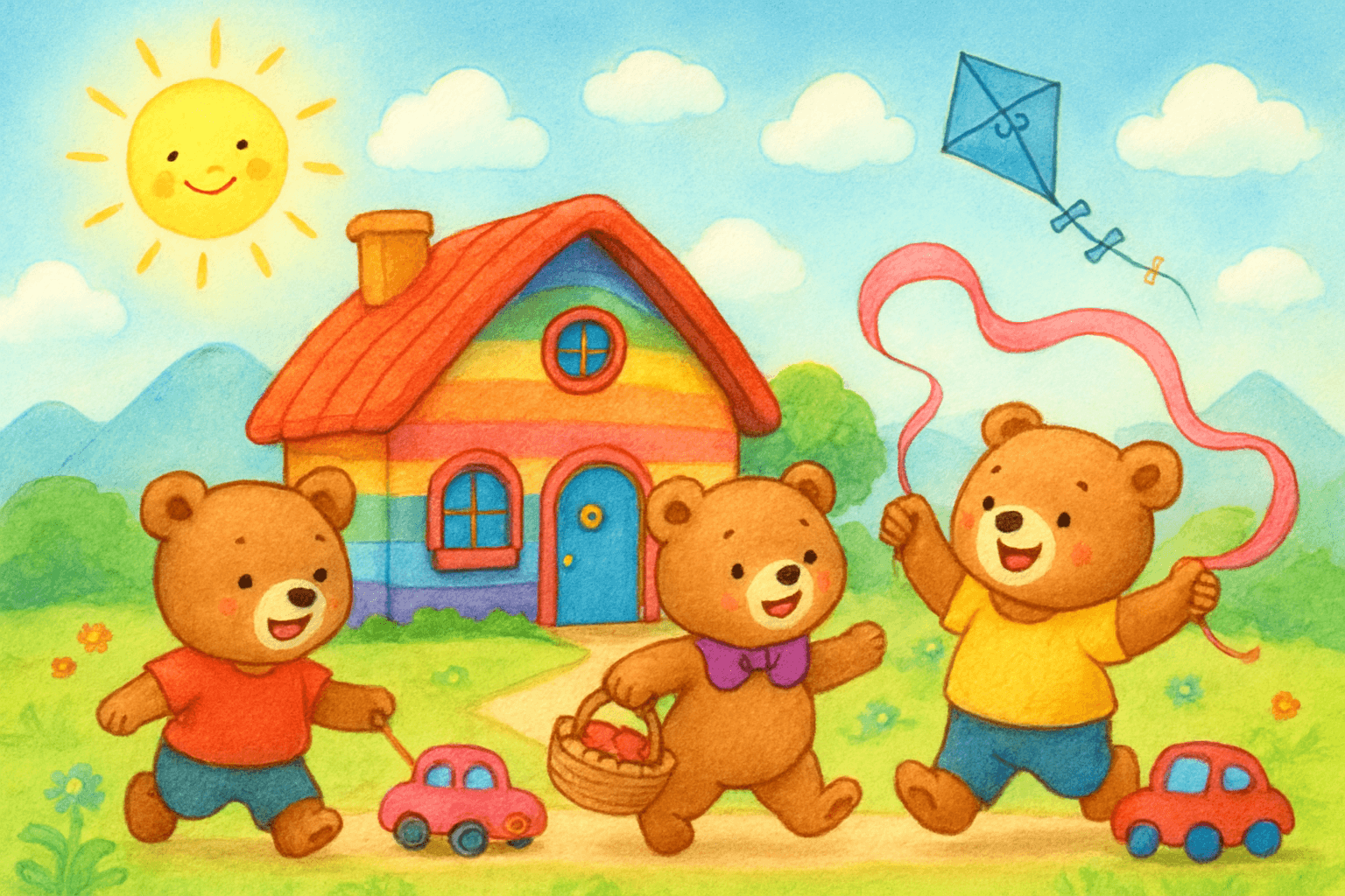 Three little bears action scene illustration